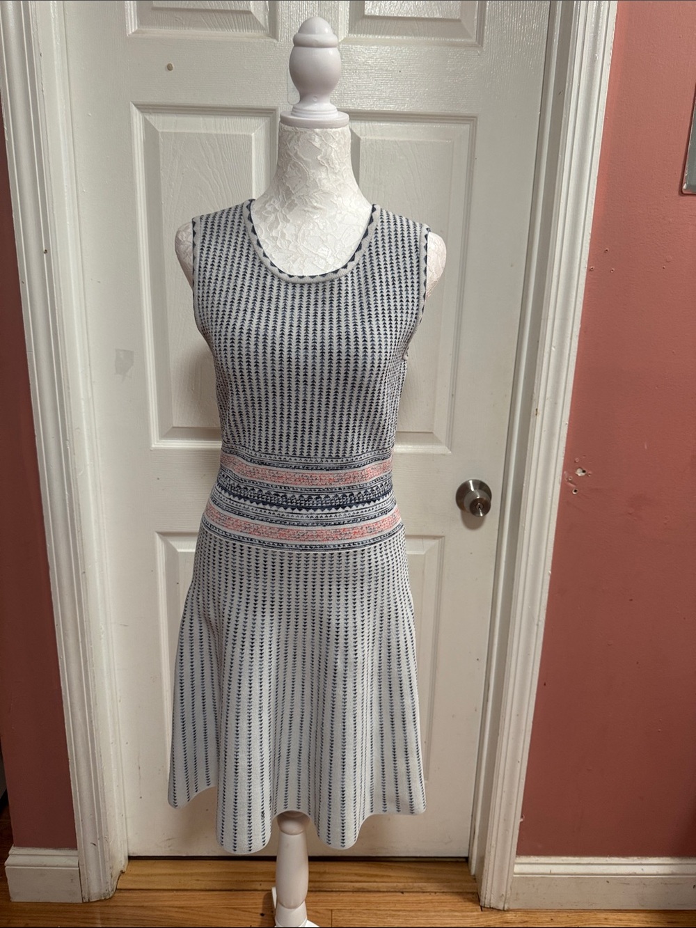 Sleeveless Knit A-Line Dress in White, Navy & Pink